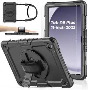 BASE MALL Case for Samsung Galaxy Tab A9 Plus Tablet Case 11 inch 2023 [with Tempered Glass Screen Protector],Rotatable Kickstand,S Pen Holder,Hand/Shoulder Strap (Black)