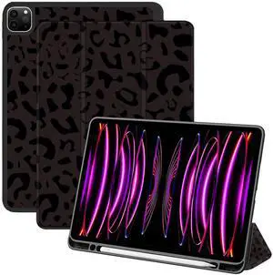 Deokke Compatible with iPad Pro 12.9 Inch Case,6th/5th/4th/3rd Gen(2022/2021/2020/2018) Pencil Holder,TPU Back Case,Auto Sleep/Wake Cover with iPad 2nd Pencil Charging-Black Purple Leopard Cheetah