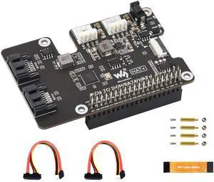 PCIe to 2-CH SATA Adapter Compatible with Raspberry Pi 5,SATA 3.0, Onboard Dual LED Indicators and EEPROM, HAT + Standard, Driver-Free, Plug and Play