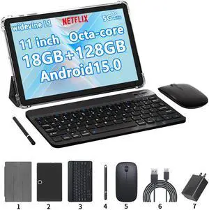 11 inch 2 in 1 Tablet, 18GB + 128GB, Android 15 Tablet, 1TB Expandable, 13MP Camera, Octa-Core Processor 5G WiFi 8000MAH Battery 11'' IPS HD Touchscreen Google Tableta.