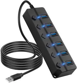 CERRXIAN USB Hub, 7Port USB Hub Splitter with Individual On/Off LED Switches 6.6ft/2m Long Cable, Multi Port Expander, Fast Data Transfer USB Splitter for Laptop, PC,Mobile HDD