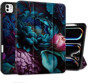 MEEgoodo Case for M4 iPad Pro 11 inch Case 2024, Tablet Cover with Trifold Stand & Pencil Holder & Auto Wake/Sleep & Soft TPU Back Cover, Beautiful Fantasy Flower