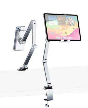 HIBORI iPad Mount for Desk Aluminum Alloy Tablet Stand Foldable Overhead Arm Holder Mount Fits for 4.7-15.6" Screen Phone,Kindle,Fire HD,Monitor,iPad,Galaxy Tab Series (Silver)