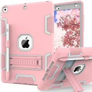 CCMAO Case for iPad 9th/8th/7th Gen, iPad 10.2 2021/2020/2019 with Kickstand & Pen Holder, Hybrid Heavy Duty Shockproof Protective Kids Girls Case, Rose Gold+Gray