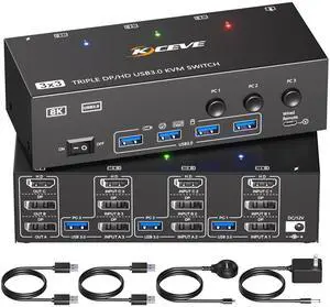 HDMI+2Displayport KVM Switch 3 Monitors 3 Computers 8K@60Hz 4K@144Hz,Triple Monitor KVM Switches with 4 USB3.0 Port for USB Devices,Wired Remote,Power Adapter and USB Cables Included.