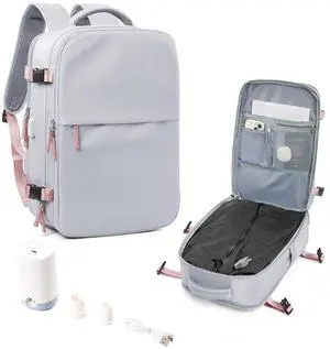 Large Vacuum Seal Compression Travel Backpack for Women Men Air Vacpack Travel Vacuum Bags with Pump Laptop Backpack with Shoe Compartment Carry On Suitcase Luggage Flight Approved Grey