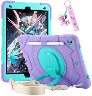 for iPad 9th/8th/7th Generation Case 10.2" Heavy Sturdy Shockproof Kids Cover with Rotating Stand/Pencil Holder/Shoulder Strap for iPad 10.2 Case 2021/2020/2019 Girls (Light Purple+Mint)