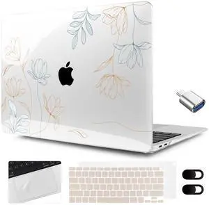 MEEgoodo for MacBook Air 13.3 inch Case 2021 2020 2019 2018 A2337 M1 A2179 A1932, Clear Case for MacBook Air M1, Hard Shell with Keyboard Webcam Cover & Trackpad Film & Type C Adapter,Engraving Floral