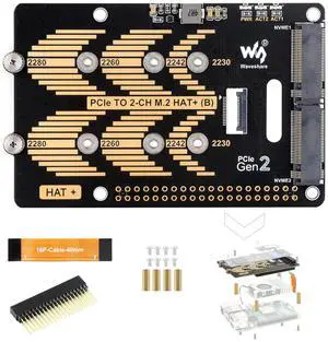 PCIe to 2-CH M.2 HAT Adapter for Raspberry Pi 5, 2-CH NVMe M.2 Solid State Drive Adapter Pi 5 NVMe HAT Support 2280/2260 / 2242/2230 Size NVMe M.2 SSD, 5Gbps Data Rate, High-Speed Reading/Writing