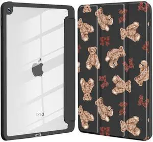 Idocolors Cute Bear Case for iPad 10th/11th Gen (2022/2025) 10.9", Clear Hard Back Cover with Pencil Holder, Tri-fold Stand Full Wrap Protective Case for Women Girls, Bow Bear/Black