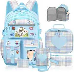 LEWKANA Cute Backpack for Girls, 5 Pack Kawaii Backpack Aesthetic Backpack with Lunch Box Set, Girls Blue School Bookbag for Kids Teen Elementary