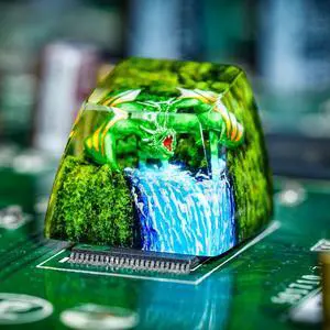 Green Dragon with Waterfall Artisan Keycap R1 SA Profile Custom Fantasy Dragon Keycaps 1U ESC Handmade Gaming Resin Key Cap Cherry MX Switch Compatible Mechanical Keyboard Gift for Dragon Lover