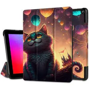 Case for New Amazon Fire HD 10 Tablet 2023 Release, PU Leather Fold Stand Designed Smart Cover with Auto Wake/Sleep, Cheshire Cat