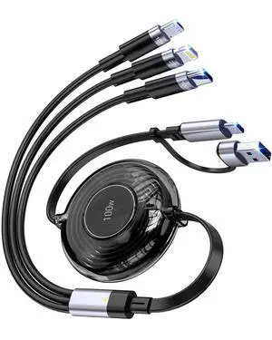 100W 5-in-1 Retractable Charging Cable, USB C/Lightning/Micro USB Multi Charger Cords for iPhones, iPads, MacBook, Tablets, Galaxy, Note & More - 4Ft/1.2M 5A Fast Charging, Durable & Portable, Black
