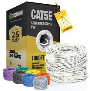 LION BEAM Solid Bare Copper Cat 5e Ethernet Cable 1000ft Pull-Box 24AWG CMR Insulated Network Cable 350 MHz Speed 1-5Gbps UTP Bulk Ethernet Riser Cable Bulk Cat 5 Ethernet Cable Spool White