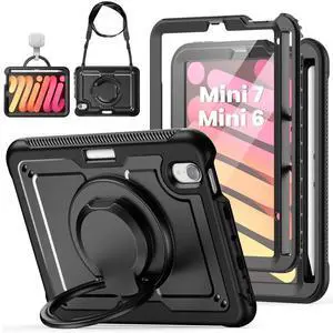 ZSLVPN Case for iPad mini 7 (A17 Pro) 2024/ Mini 6 8.3'' with Pencil Holder Screen Protector [360 Rotating Handle & Stand] &Shoulder Strap, Shockproof Case for iPad mini 7th/6th Generation, Black