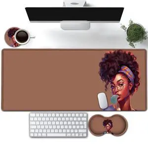 Large Gaming Mouse Pad, Extended Waterproof Desk Pad Protector (31.5" x 11.8") Ergonomics Memory Foam Mouse Wrist Rest Support, for Home Office Laptop, African American Girl Anime Brown XXL Mouse Mat