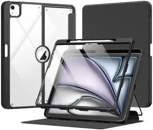 MoKo for iPad Air 13 Inch Case M3 2025 & M2 2024 with Pencil Holder, iPad Air 13 Case [Built-in Screen Protector] with Clear Back & Magnetic Multi Angle Stand Cover, Black