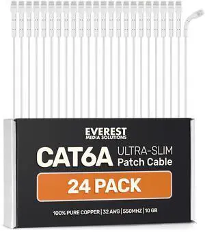Everest Ultra Slim Cat6a Ethernet Patch Cables 10ft (24-Pack) White - 10GB Cat 6a Patch Cable - Bendable, Flexible & Thin Ethernet Cable - Space Saving 32AWG 550MHZ Cat6a Cables - 100% Copper Wires