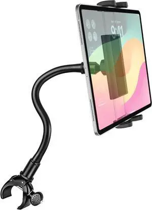 Dosvsi Gooseneck Indoor Cycling Tablet Mount, Spin Bike Tablet Holder for Stationary Treadmill Elliptical, 360° Rotation Handlebar Clamp for iPad Pro Mini Air, Galaxy Tab/Z Fold, iPhone,4-12.9" Device