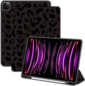 Deokke Compatible with iPad Pro 12.9 Inch Case,6th/5th/4th/3rd Gen(2022/2021/2020/2018) with Pencil Holder,TPU Back Auto Sleep/Wake Cover with iPad 2nd Pencil Charging-Black Purple Leopard Cheetah