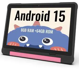 ApoloMedia Kids Tablet, 10.1 Inch HD Android 15, 64GB Storage, 8GB RAM, Eye Protection Mode, 10-Hr Battery, Parental Shockproof Case - Tablet for Kids (Black)