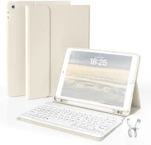GKABXY Case with Keyboard for iPad 10.2 inch 2021/2020/2019, iPad 9th/8th/7th Generation Detachable Bluetooth Keyboard Cover with Pencil Holder, Multi-Angle Stand for Study/Office/Travel (White Creme)