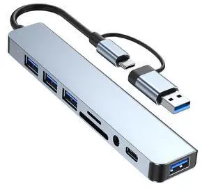 8Port USB Hub & USB C Hub 3.0, Aluminum 8 in 1 USB Splitter Extender, with SD/TF Card Reader, 3.5mm Aux Ports, for MacBook Pro Air Pro/Pad Pro/Phone 15 Pro