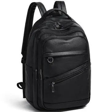 LATMAP 43L Backpack for Women Men - Vegan Leather Backpack Purse Travel Carry-on Bag College Bookbag Work fits 17" Laptop, Black
