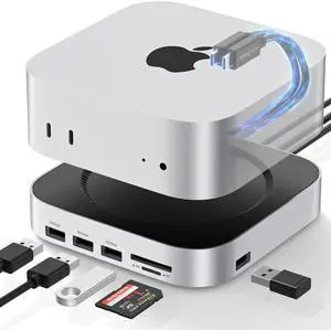 Mac mini M4 Dock, 9 +1 in 1 Mac mini M4 Hub, SSD & Host Dual Ports with 20 Gbps Mac mini M4 Dock Station with 6xUSB A, SD/TF Card Reader with 2280 NVMe SSD for Mac mini M4, Mac mini M4 Pro