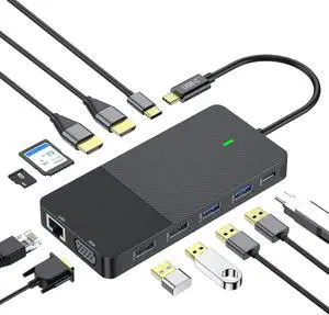 12-in-1 USB C Docking Station with Dual 4K HDMI, VGA, Gigabit Ethernet, 100W PD Charging, 4 USB Ports, SD/TF Card Reader for MacBook/Windows/Laptop