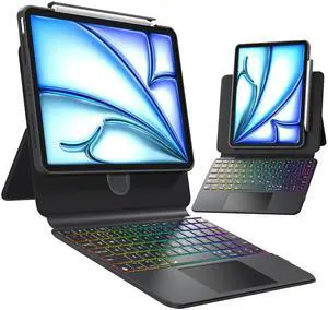 Uminy Keyboard Case for 2024 iPad Pro 13-inch (M4), 360° Rotating Transparent Case with Wireless Keyboard, 7-Color Backlight, Multi-Touch Trackpad, with Pen Holder, Black