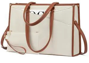 LOVEVOOK Laptop Bag for Women, 15.6 inch Laptop Tote Work Bag Cancas Casual Handbag for Travel Lightweight Shoulder Bags, Brown Beige