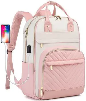 Laptop Backpack for Women College Bookbag: 15.6 inch Cute Backpacks for Womens Work Business Back Pack with Charger Stylish Computer Book Bag Waterproof Daypack for Teacher Travel (Pink-Beige)