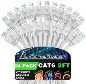 CableGeeker Cat 6 Patch Cables 2 ft (24-Pack) - Cat 6 Ethernet Cable, Snagless RJ45, Cat6 Patch Cable, Cat 6 Cable, 2 Foot Cat6 Ethernet Cables, Network Cable, Internet Cable - 2 Feet White