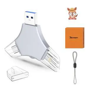 USB 3.0 Flash Drive 64gb for iPhone, 3in1 External Memory Picture Keeper Storage Stick for Photo/Video/Data Saver/Backup, V11.07High Speed Thumb Drives for iPhone/iPad/Android/PC - Russet-Gray