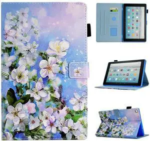 BYCeKe Case for Fire HD 10 Tablet (9th/7th/5th Generation, 2019/2017/2015 Release), PU Leather Folio Stand Cover Case for Fire HD 10 9th Generation/7th Generation, Auto Sleep Wake - White Flowers