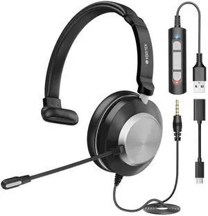 Voistek USB Headset with Mic for Laptop PC,Wired On Ear Mono Computer Headphones with Noise Cancelling Microphone,in-line Control for Office Work,Call Center,Video Meeting