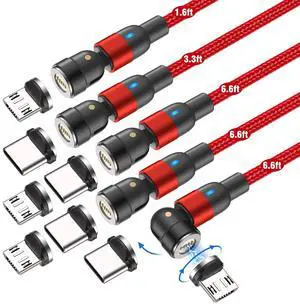 AUFU Fast Charging Magnetic Charging Cable(5Pack-1.6ft/3.3ft/6.6ft/6.6ft/6.6ft), Magnetic Charger Cable USB C Magnet Fast Charger 3A Fast Charging Data Transfer Magnet Cable for Micro USB Type C