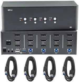 KVM Switch 3 Monitors 4 Computers, 8k Displayport Switch with USB 3.0 Cable, Jack, 4 Computers Share a Set of Keyboard, Mouse, Support Windows/Mac/Linux (Triple Monitor)
