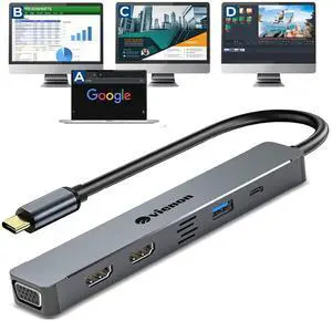 USB C Hub HDMI VGA Adapter for Triple Monitor, VIENON 5-in-1 Laptop Docking Station with Dual 4K HDMI+1080P VGA+USB 3.0+PD 100W Comaptible for MacBook Pro, XPS More