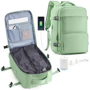 Vacuum Travel Backpack with Pump Vacuum Compression Seal Vacpack Air Backpack Laptop Backpack for Women Men Carry on Backpack Personal Item Travel Bag Luggage Flight Approved Back Pack Matcha Green