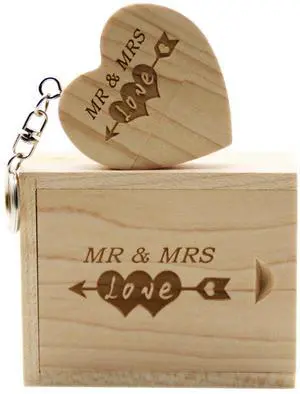 LXSINO 64GB Wood USB 3.0 Flash Drive with Laser Engraved Mr & Mrs Design - 64GB Wooden Heart Shape USB Memory Stick Thumb Drivers with Matching Box for Novelty Gift (Maple)