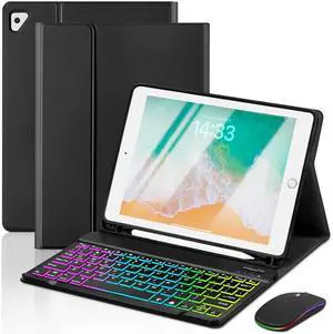 EAMPANG Case with Keyboard and Mouse for iPad 6th/5th Generation Air 1 2 Pro 9.7inch,7 Color Rainbow Backlight Detachable USB-C Keyboard Magnetic Case with Pen Slot for iPad 2018 2017 Black+Mouse