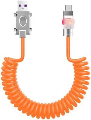 chubbycable Neon Chubby - Neon Glow Fast Charge Spring Cable with Gradient Illumination Coiled USB C Cable for Car, Orange, USB-A to Type-C, 1.64FT-4.43FT