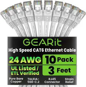 GEARit Cat 6 Ethernet Cable (10-Pack 3 Feet) Cat6 Network Patch, 10Gbps, RJ45, Snagless Cord, Gold-Plated Connectors, Internet for PC, TV, Tablet, Router, Printer, Servers, IT Data Center - White