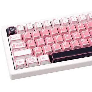 TIMSEKER 137-Key Manga Anime Keycaps Set, Pink White PBT Keycaps Cherry Profile, Dye-Sub Custom Hand-Drawn Design, Compatible with ANSI Layout Mechanical Keyboards