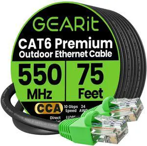 GEARit RJ45 Cat-6 Ethernet Patch Cable, 10Gpbs Transfer Speed, Gold-Plated Connectors, Copper Clad, Outdoor, UV Resistant, Direct Burial, Waterproof, Durable, 75 Foot (22.8 Meters), Black GEARit RJ45 Cat-6 Ethernet Patch Cable, 10Gpbs Transfer Speed, Gold-Plated Connectors, Copper Clad, Outdoor, UV Resistant, Direct Burial, Waterproof, Durable, 75 Foot (22.8 Meters), Black
