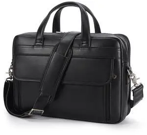 Masa Kawa Black Leather Briefcase for Men 15.6 Inch Laptop Computer Messenger Crossbody Shoulder Bag Business Travel Work Lawyer Teacher Brief Attache Case