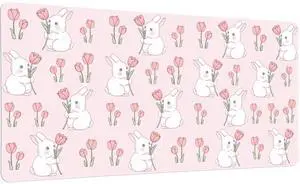 Idocolors Pink Bunny Tulip Desk Mat, Cute Extended Gaming Keyboard Mouse Pad, Large Office Desk Cover Mat Pad Deskmat, Non-Slip Leather Home Office Desk Mat Protector 31.5"×15.7"